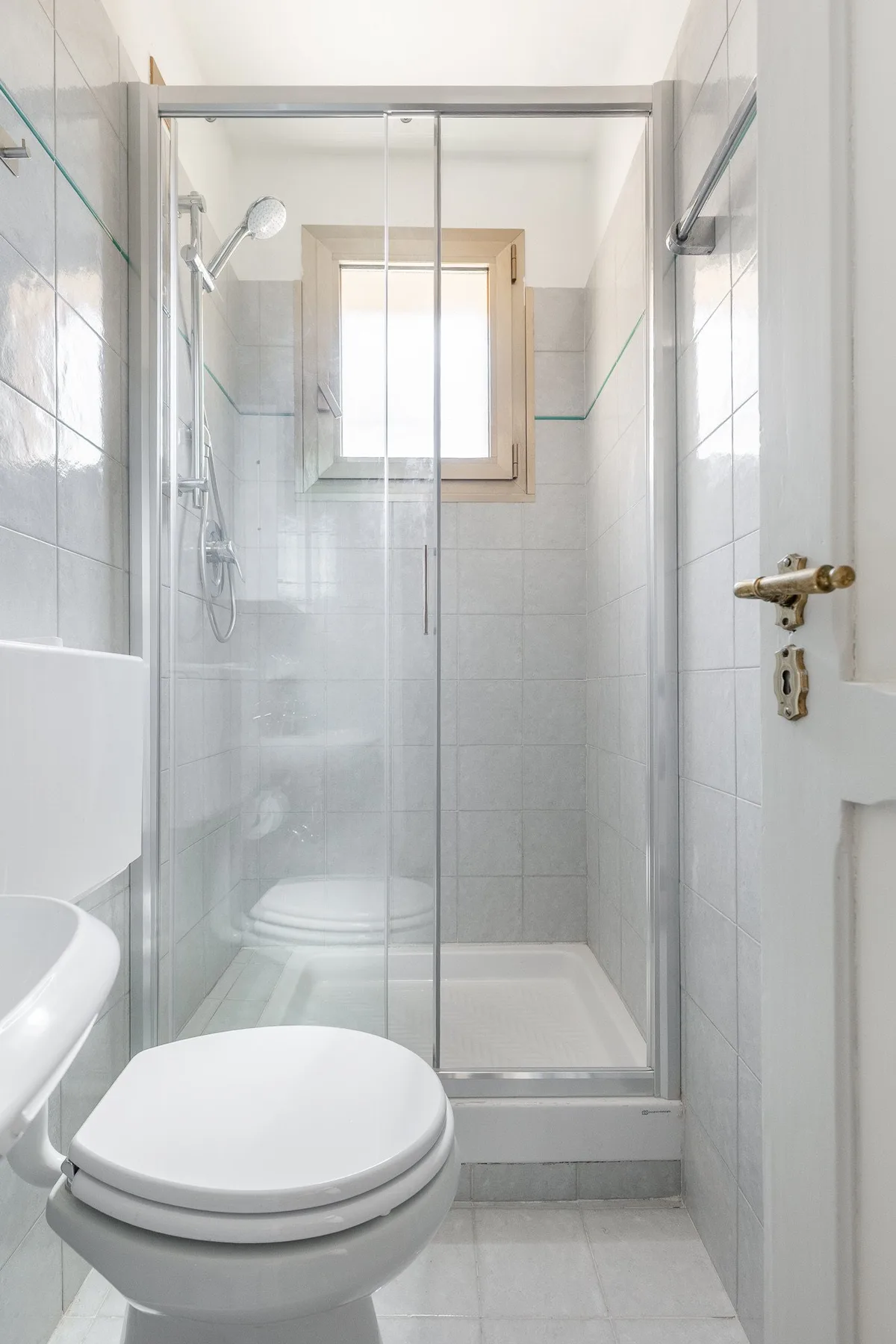 A compact bathroom with a toilet and a glass-enclosed shower.