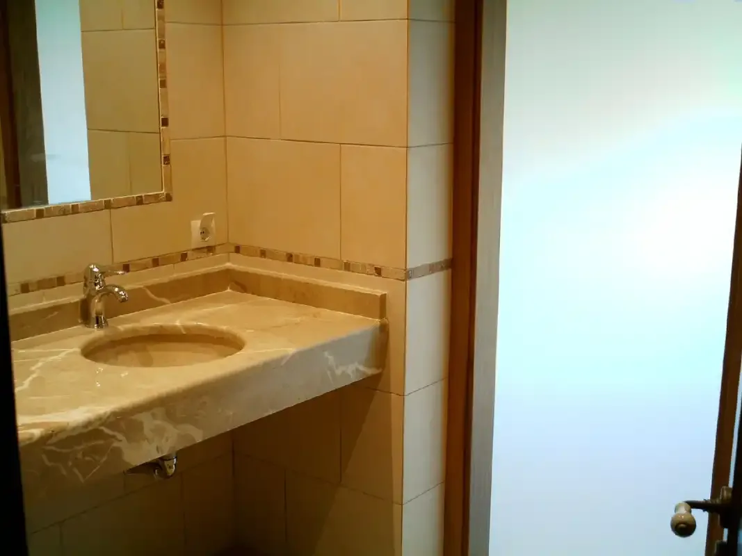 A bathroom vanity with a sink and mirror beside a frosted glass door.