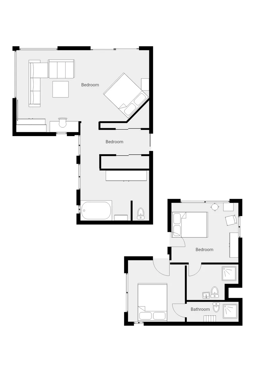 Un plano muestra dormitorios, baños y espacios interiores conectados.