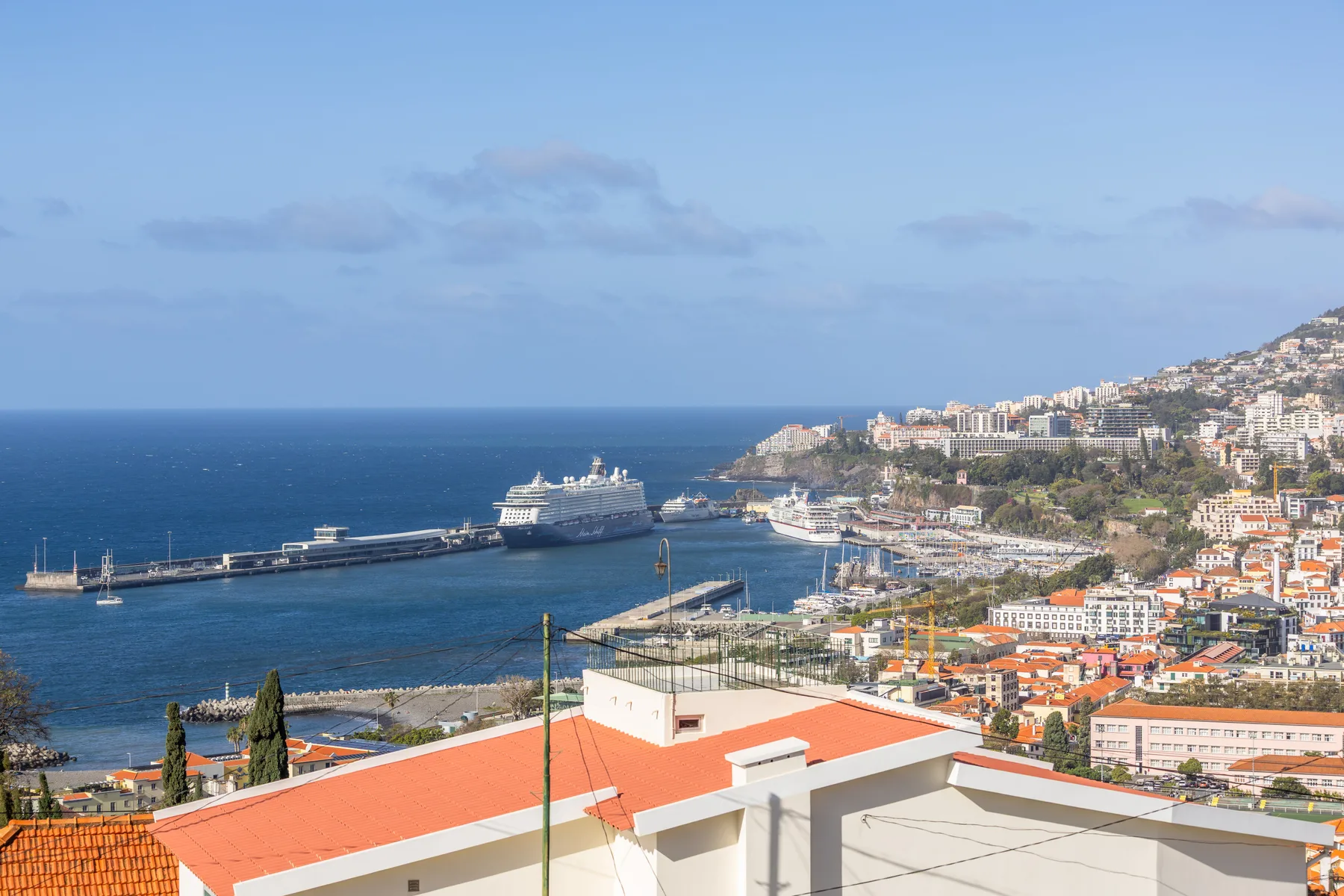Coastal city and harbor overlook with a cruise ship on the water.