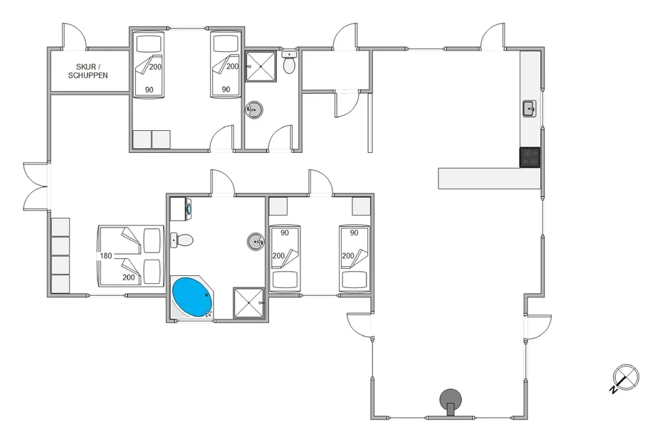 Un plano muestra varias habitaciones, zonas para dormir, baños y un amplio espacio central.