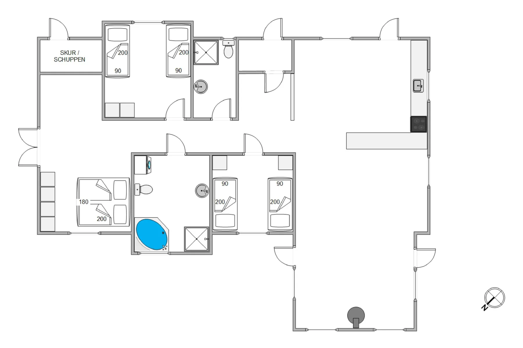Un plano muestra varias habitaciones alrededor de una amplia zona central abierta.