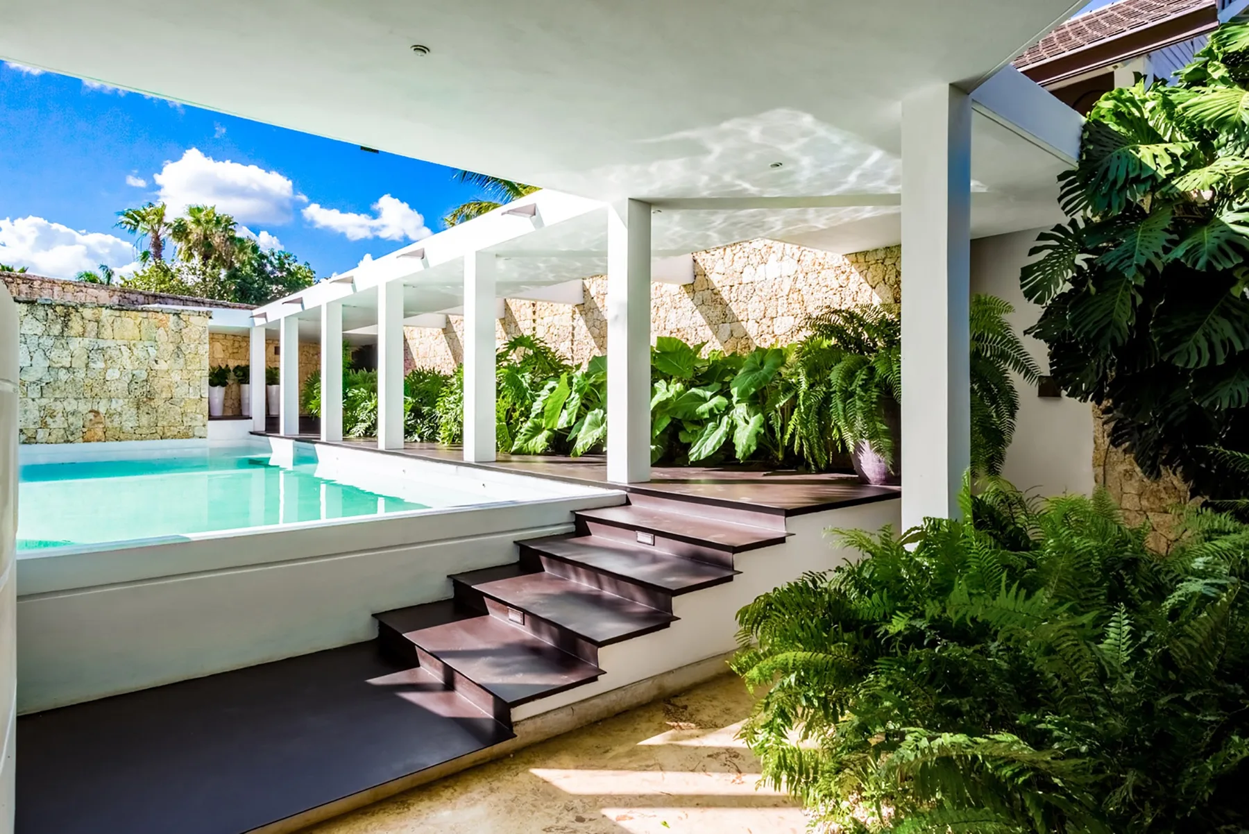 Una zona de piscina exterior cubierta con escalones y plantas tropicales.