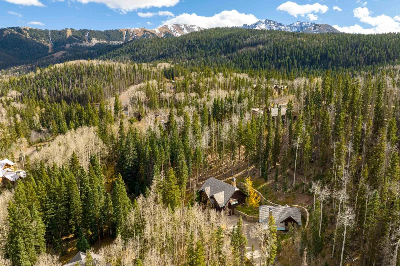 Aerial view of cabins surrounded by forest, with mountains in the distance.