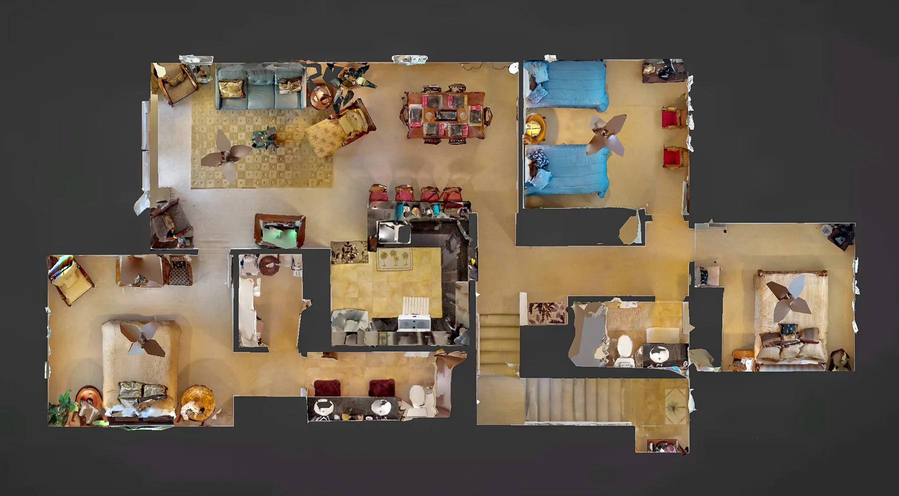 A 3D floor plan shows furnished rooms arranged around a central kitchen.
