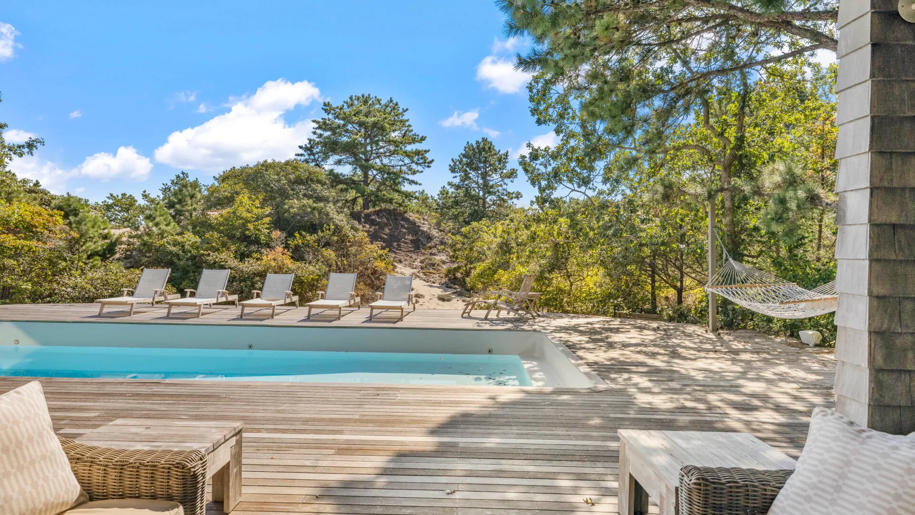 Una piscina y una terraza de madera están rodeadas de árboles y vegetación.