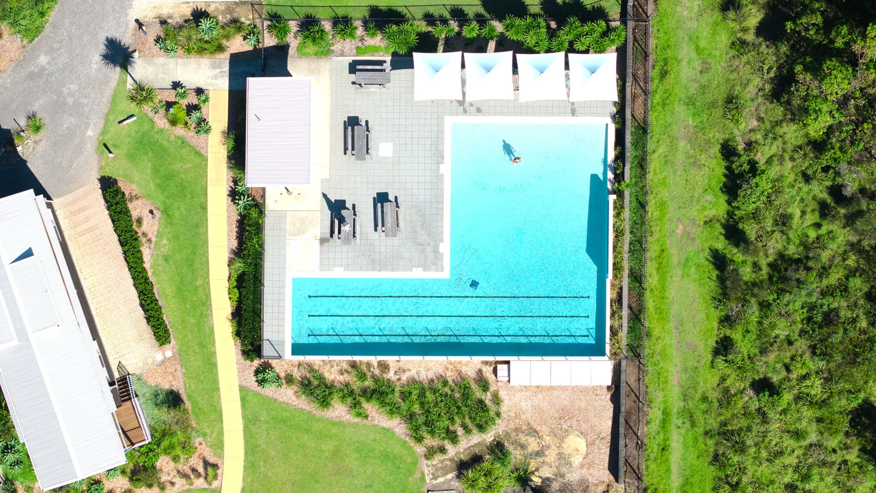 Aerial view of an outdoor swimming pool beside a paved deck and surrounding greenery.