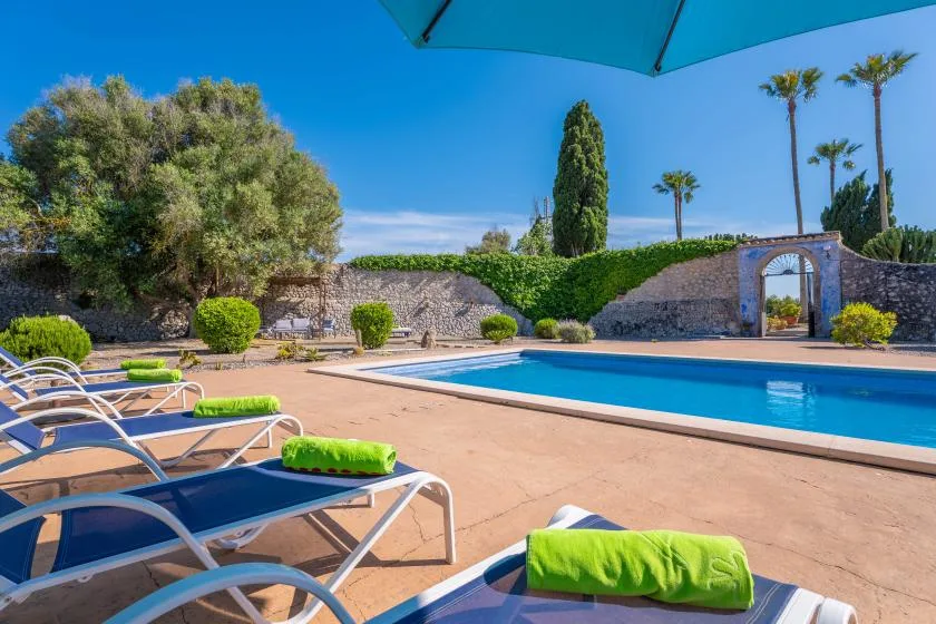 A sunny poolside patio with lounge seating and a stone garden wall.