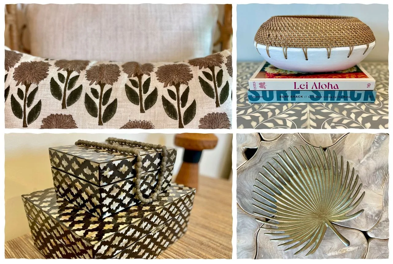 Decorative cushions and woven accessories are displayed in a four-panel collage.