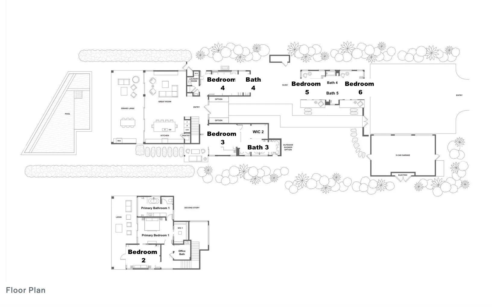 A floor plan shows labeled bedrooms, bathrooms, and shared interior spaces.