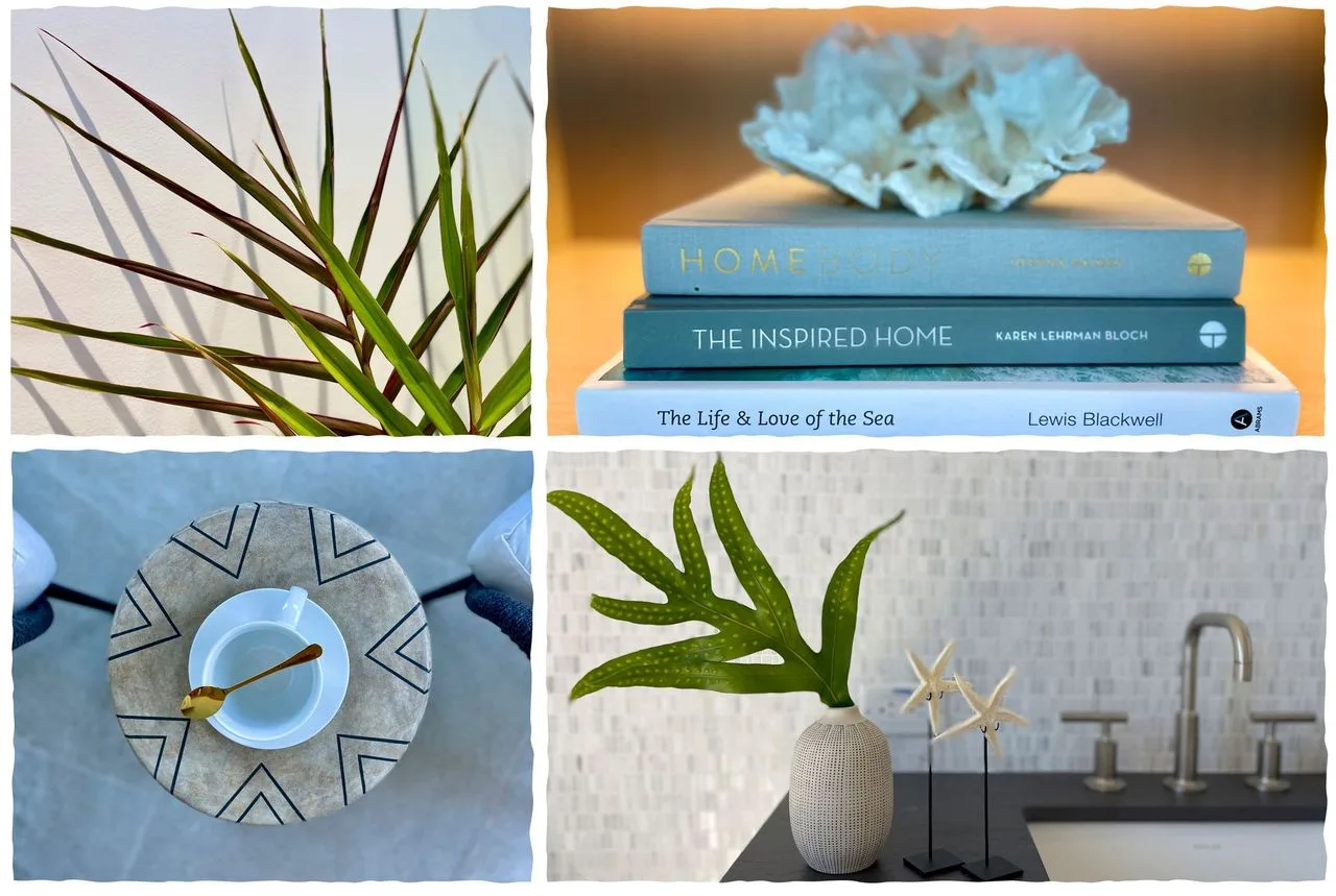 A collage shows a spiky plant, stacked books, a decorative clock, and a kitchen counter.