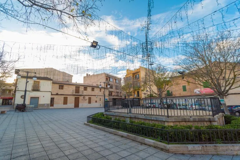 A paved town square with a raised planted area and surrounding buildings.