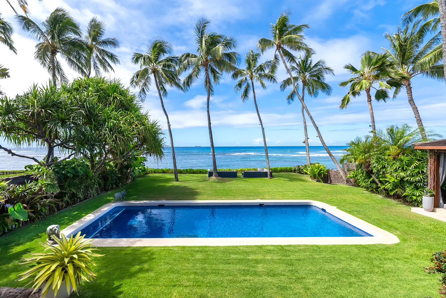 A swimming pool sits in a tropical garden overlooking the ocean.