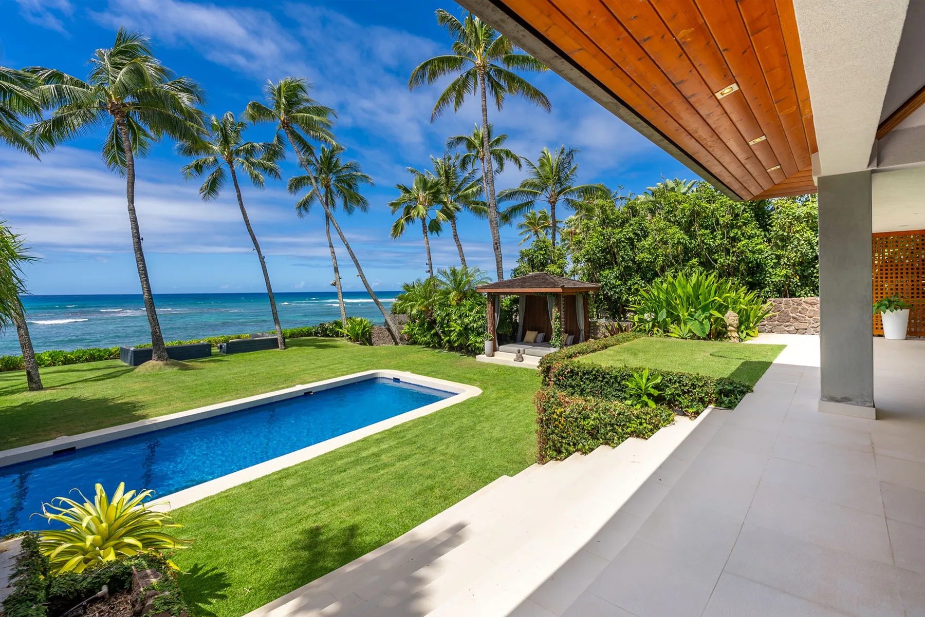 A tropical outdoor pool beside a palm-lined oceanfront lawn.