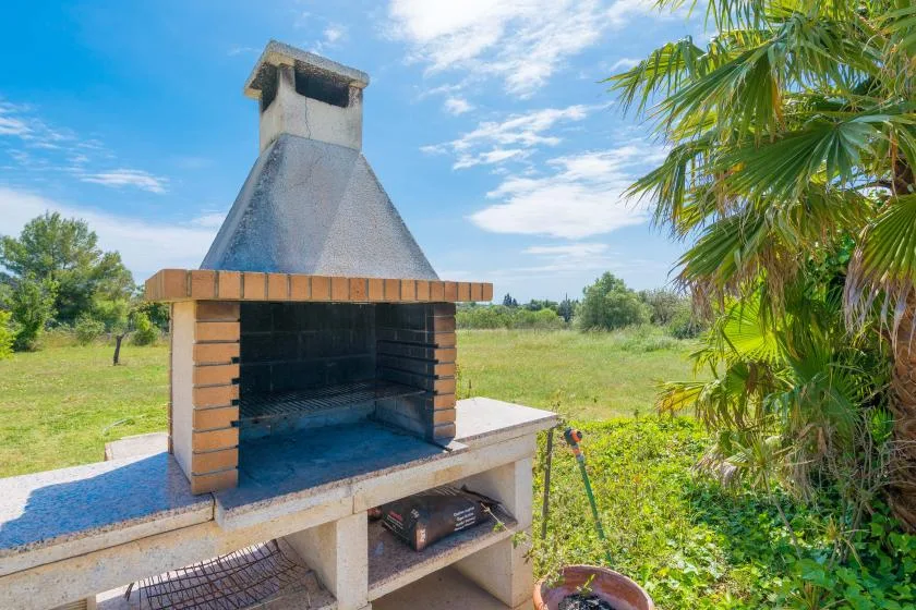Una barbacoa de ladrillo al aire libre está junto a un campo de hierba y una palmera frondosa.