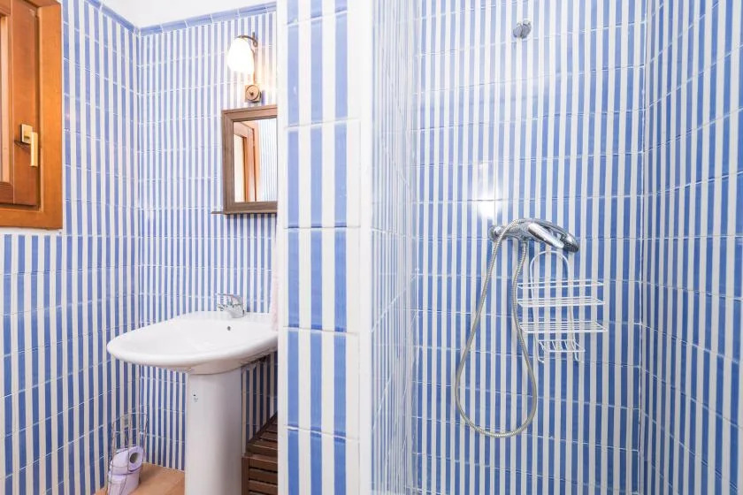 Un baño alicatado con lavabo de pedestal y ducha de pared.