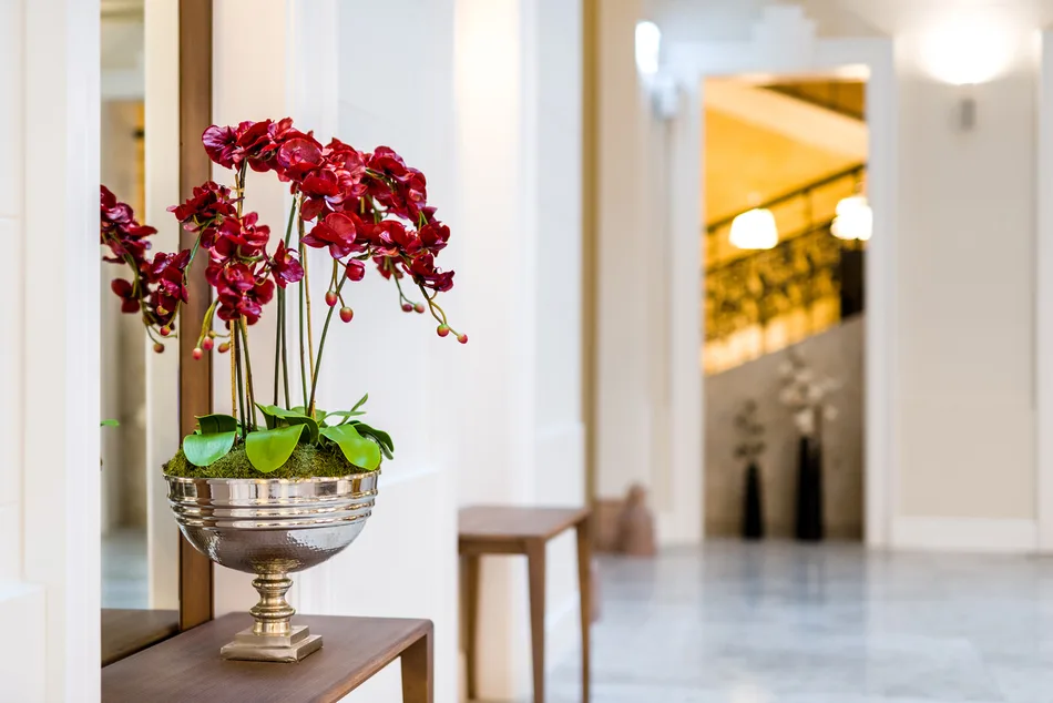 Hotel lobby with orchid.