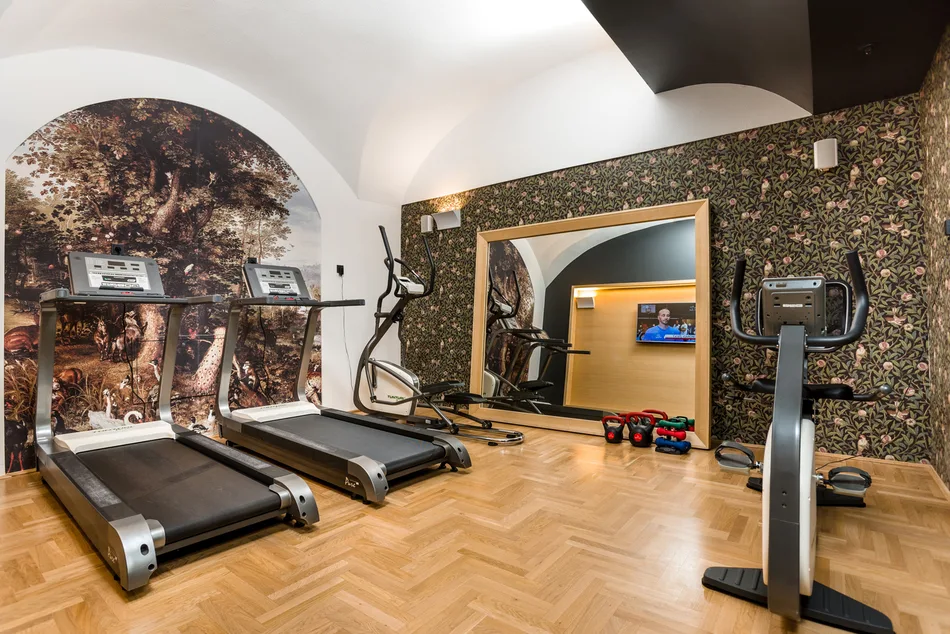 Fitness room with cardio machines.