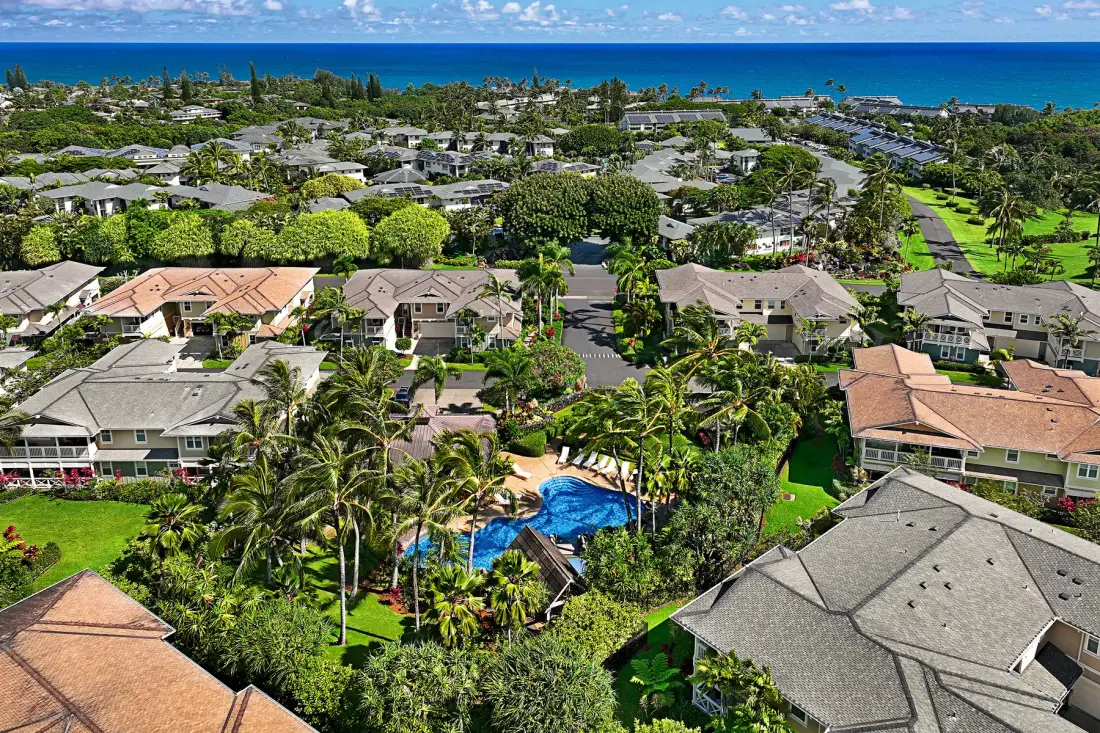 An aerial view of a residential neighborhood with a swimming pool and ocean beyond.