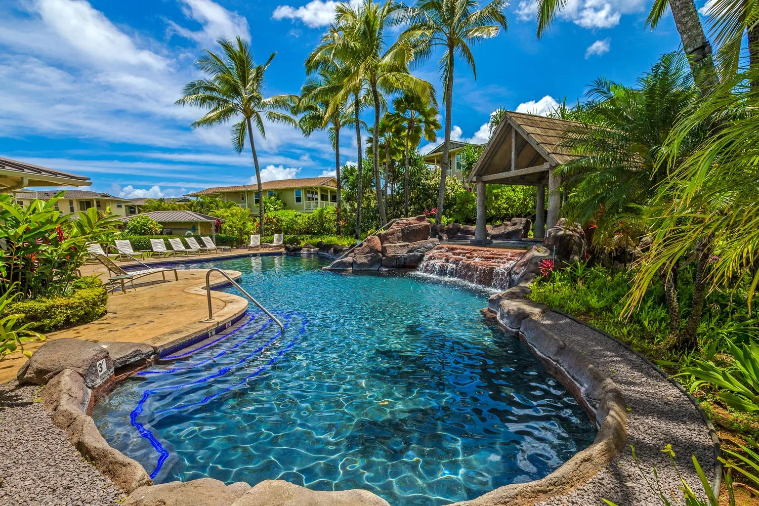 A tropical swimming pool curves through landscaped grounds beneath palm trees.