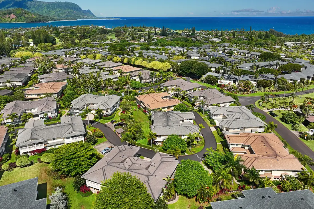 An aerial view of a residential neighborhood with the ocean in the distance.