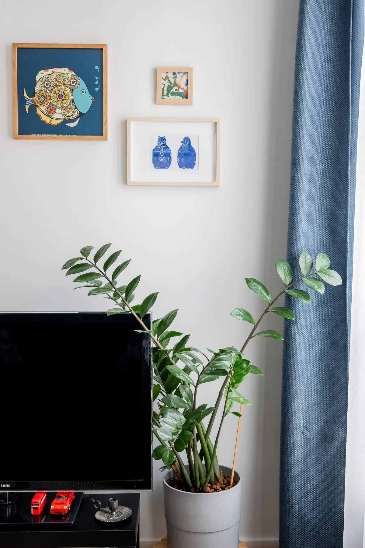 A living room corner with framed wall art, a television, a leafy plant, and a blue curtain.