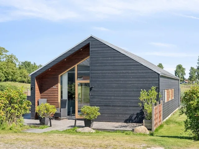 A modern dark-sided house with a large glazed entrance stands in a grassy garden.