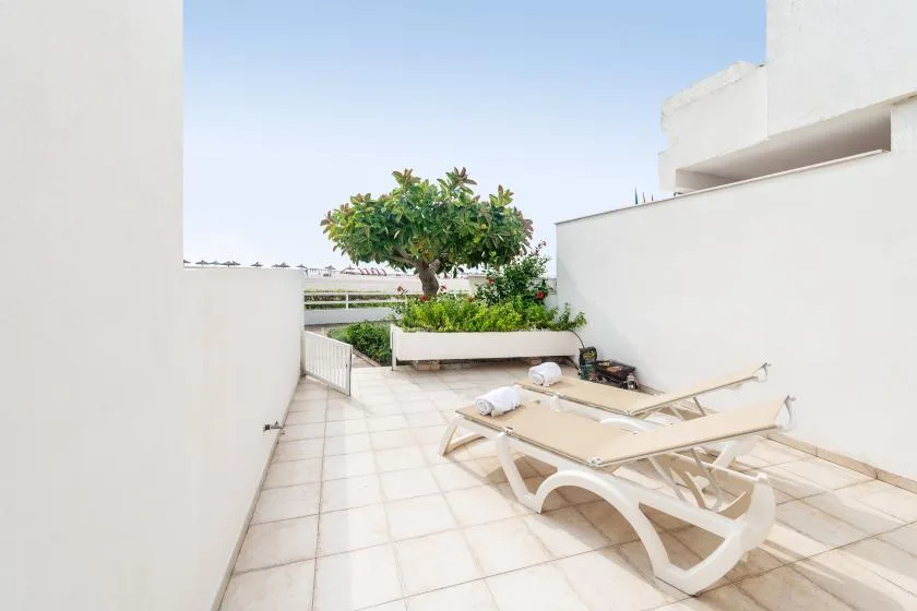 A sunlit outdoor terrace with tiled flooring, loungers, and a leafy tree.