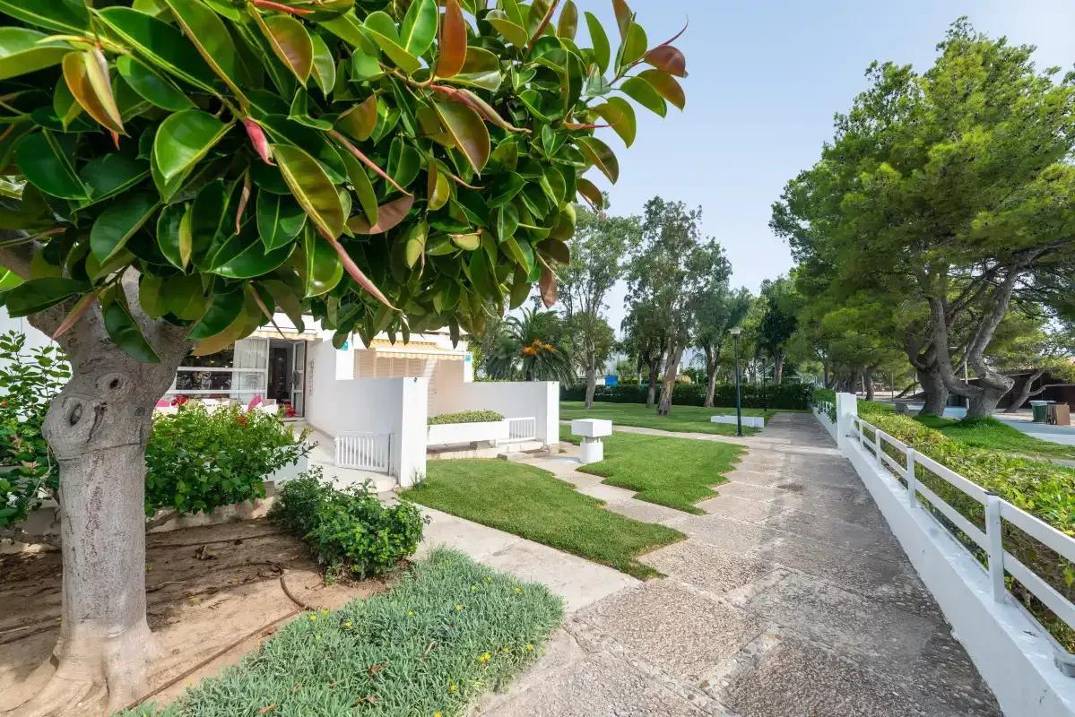 Un camino pavimentado bordea un jardín ajardinado y un edificio blanco.