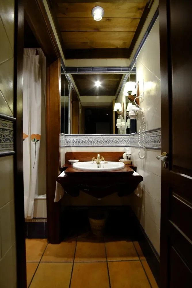 Baño con techo de madera, mueble de lavabo y ducha.