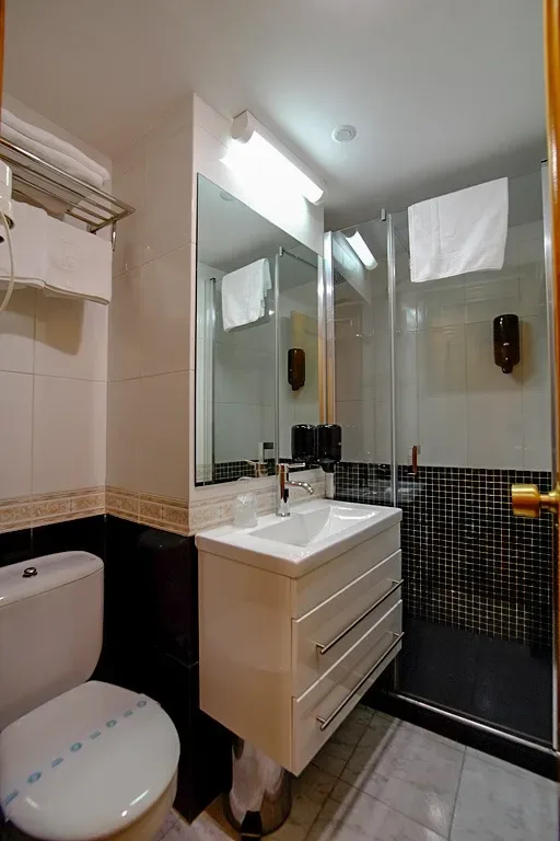 Baño pequeño con inodoro, lavabo y ducha.