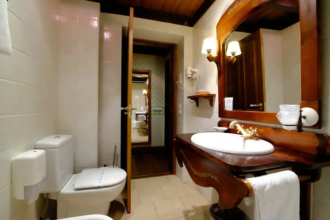 Baño con inodoro, lavabo y espejo.