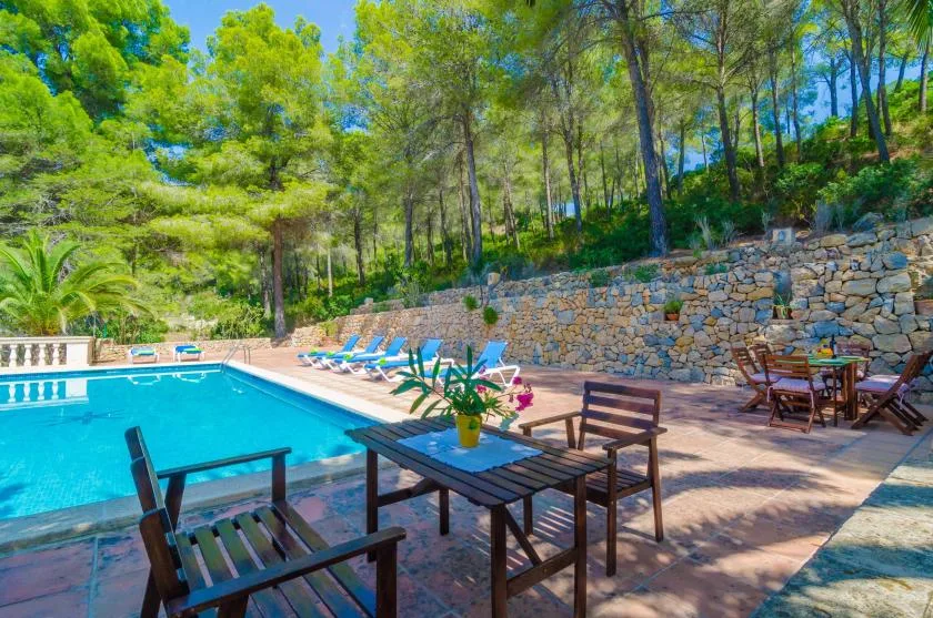 Una piscina al aire libre junto a un muro de piedra, árboles y asientos en el patio.