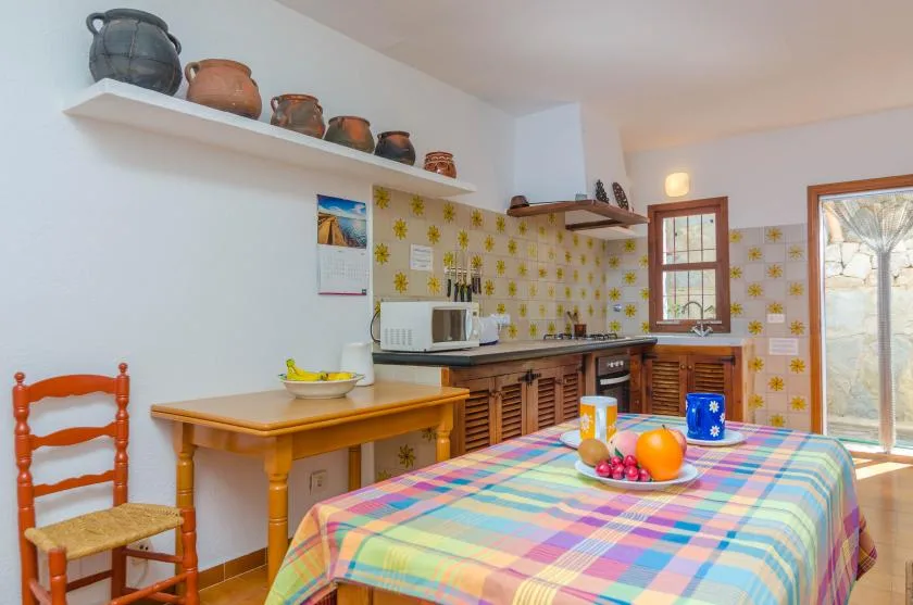 Una cocina y comedor con un mantel de cuadros coloridos y gabinetes de madera.