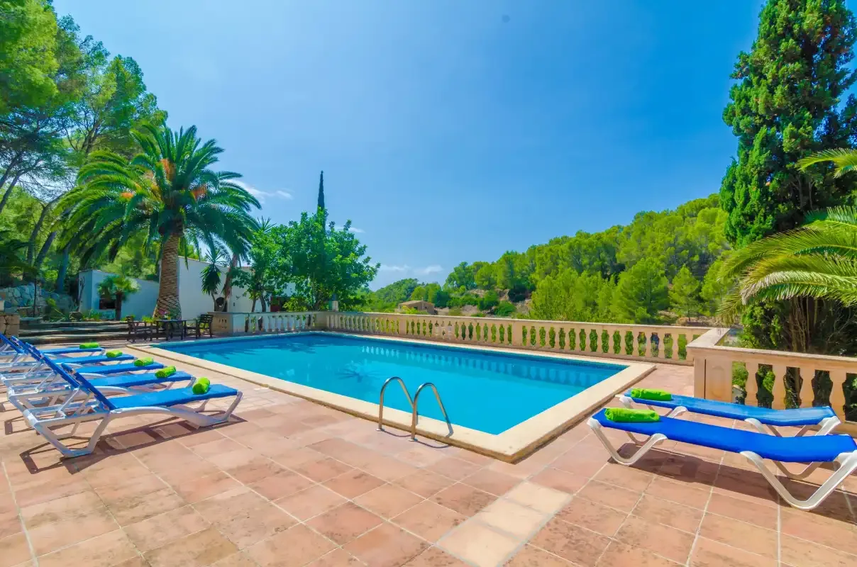 Una piscina está junto a una terraza de baldosas con tumbonas y árboles alrededor.