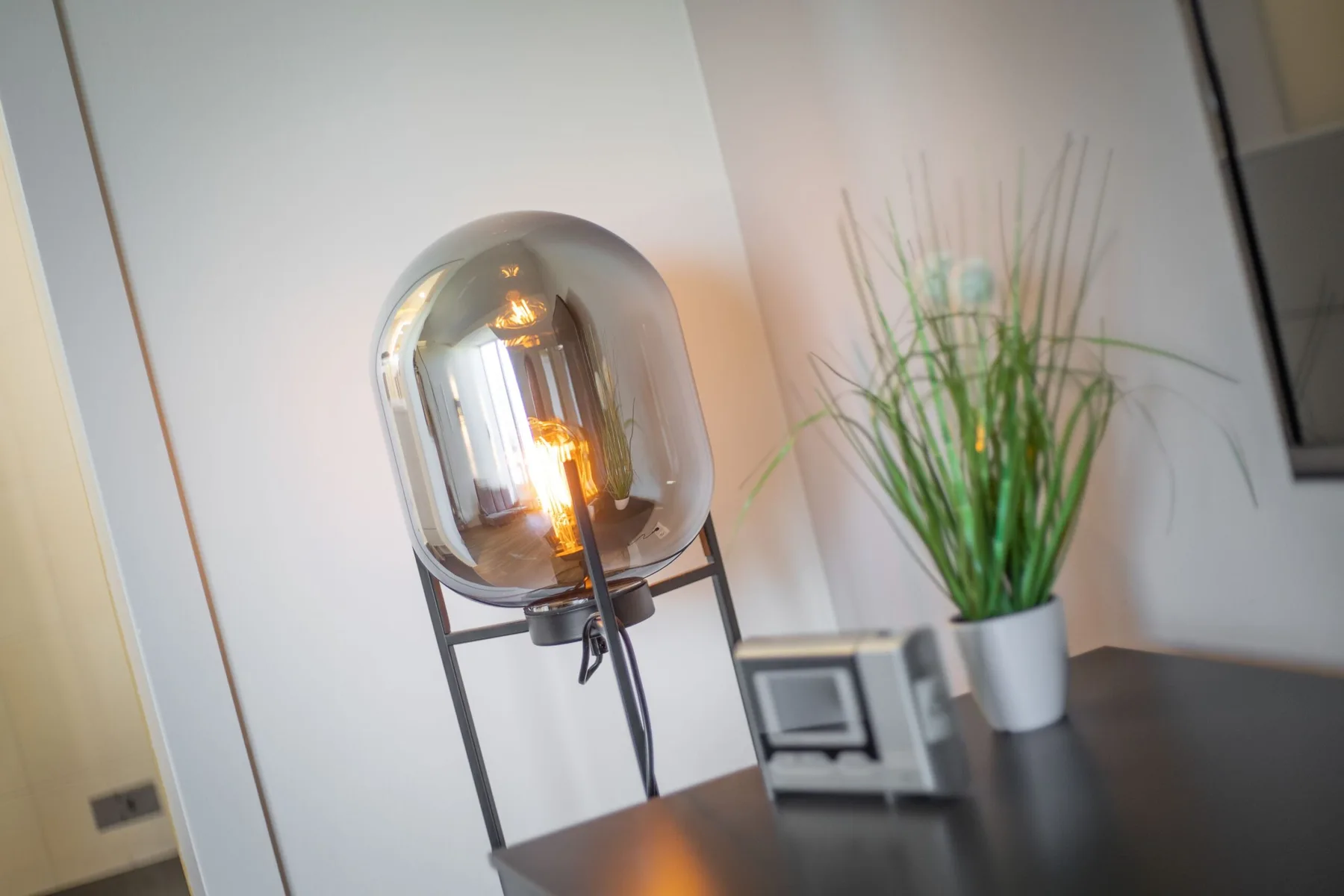 A modern table lamp and potted plant sit on a dark tabletop.