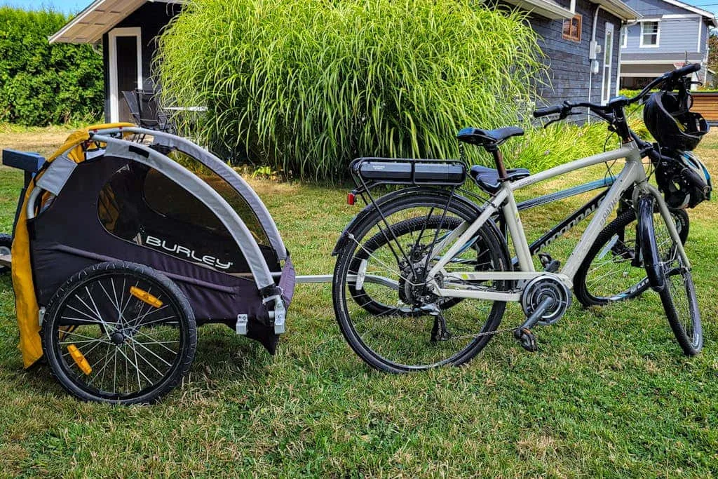 Bicycles and a covered bicycle trailer sit on a grassy lawn beside a house.