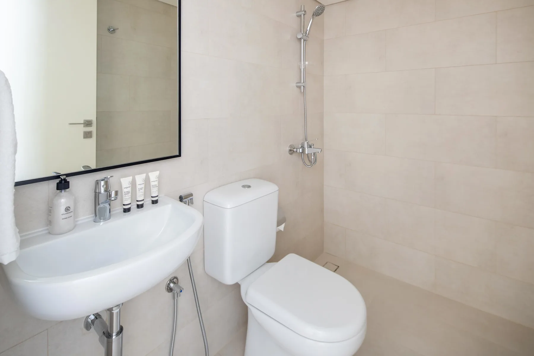 A bathroom with a sink, toilet, and wall-mounted shower.