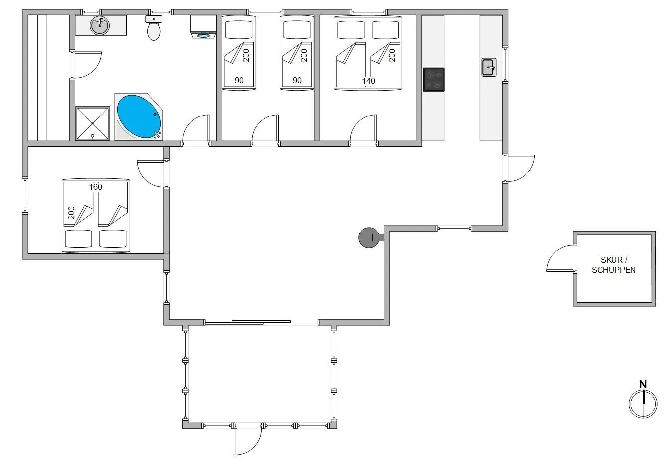 Floor plan showing the room layout, bathroom, and adjoining shed.