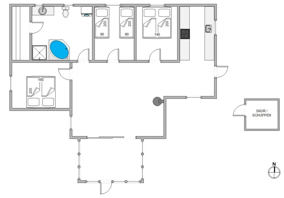A floor plan shows several rooms, a bathroom, and a central open area.