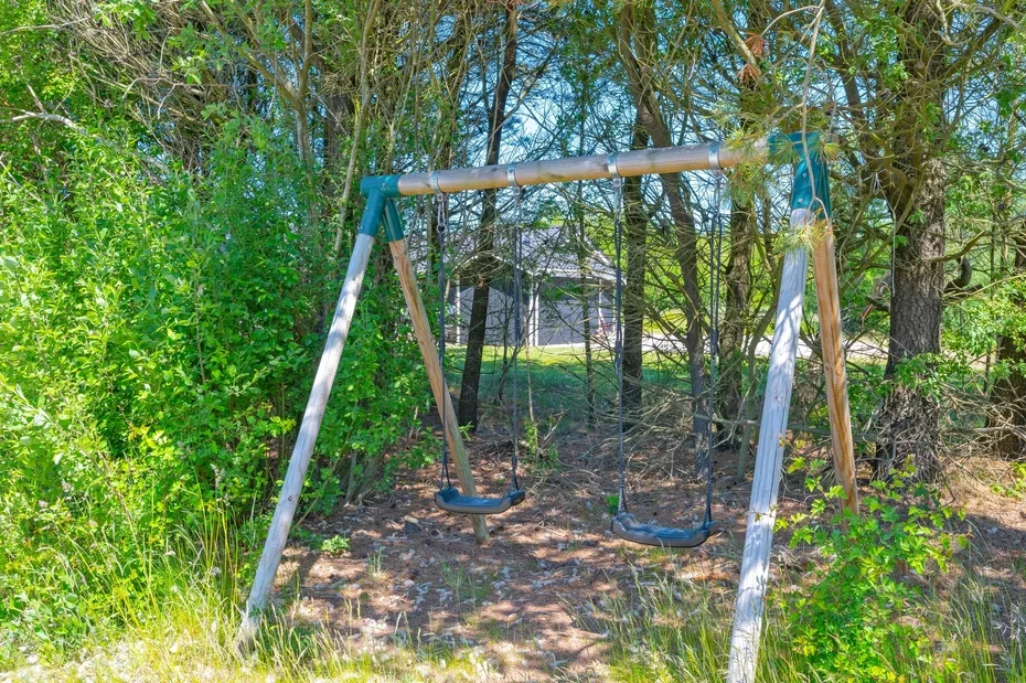 Un columpio al aire libre está bajo los árboles, rodeado de vegetación.