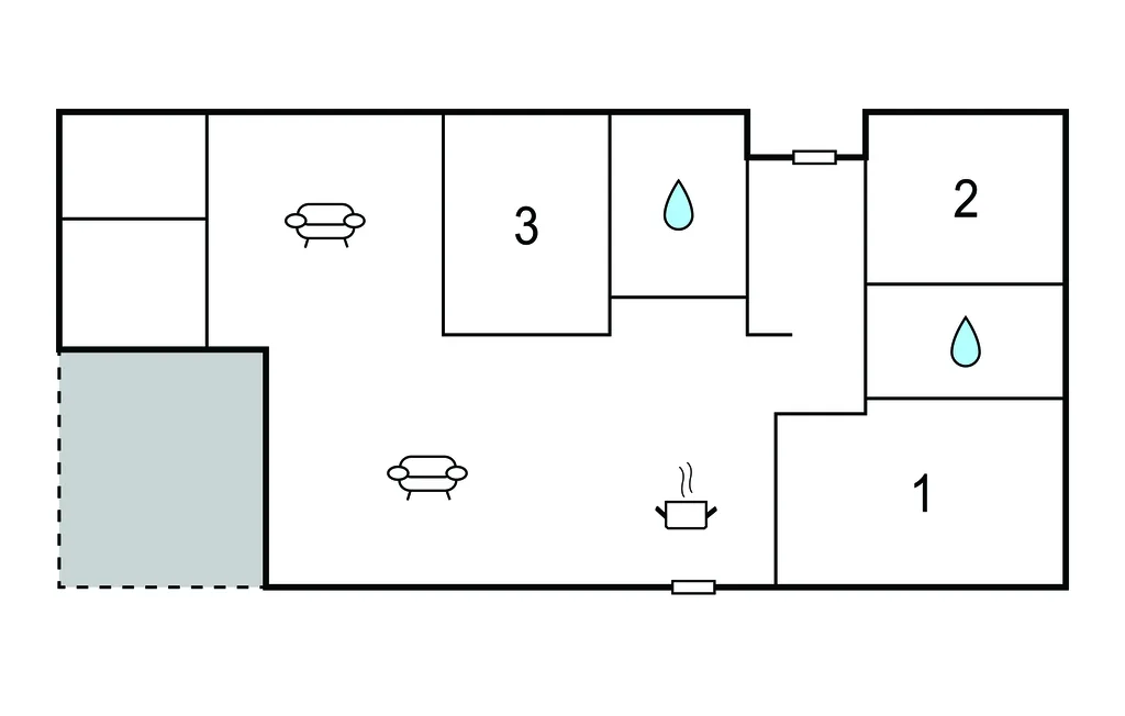 A simple floor plan shows numbered rooms, seating, and water fixtures.