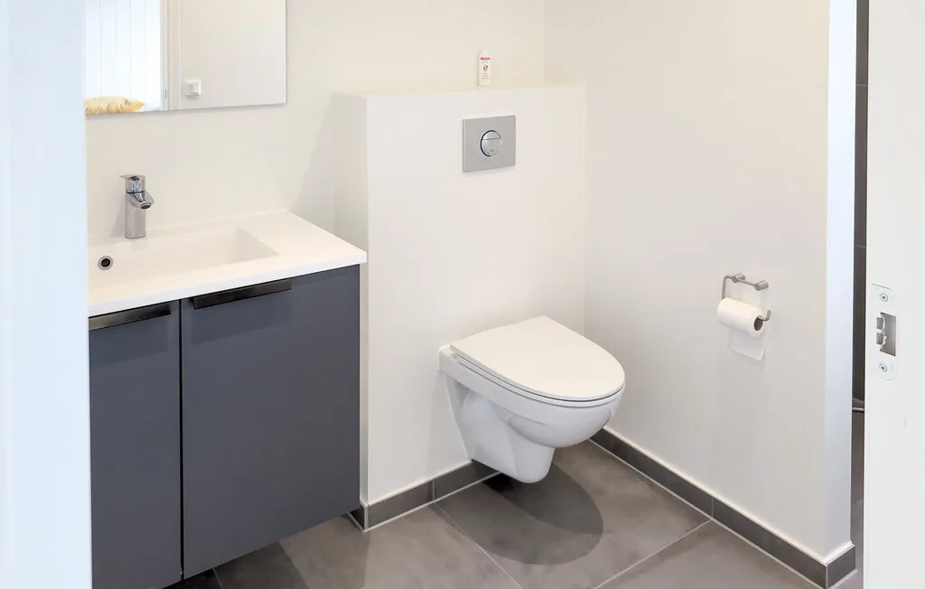 A modern bathroom with a wall-mounted toilet and a sink.