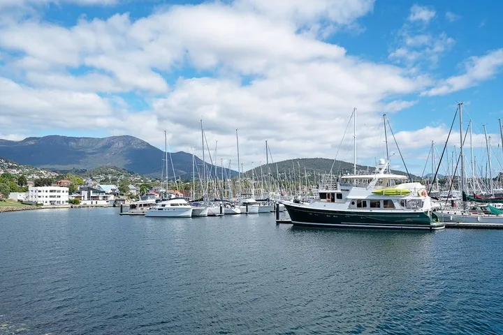 A marina with sailboats and yachts moored against a mountainous coastline.