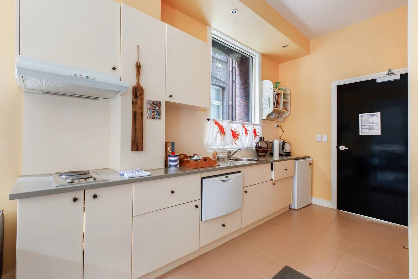 A compact kitchenette has pale cabinets, a countertop, and lobster-print curtains.