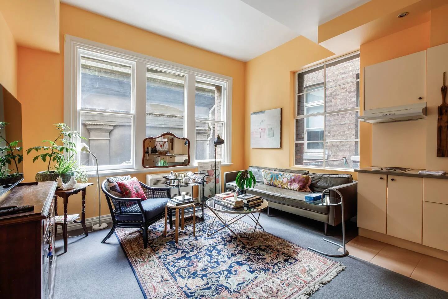 A bright living room with seating, large windows, and a patterned rug.