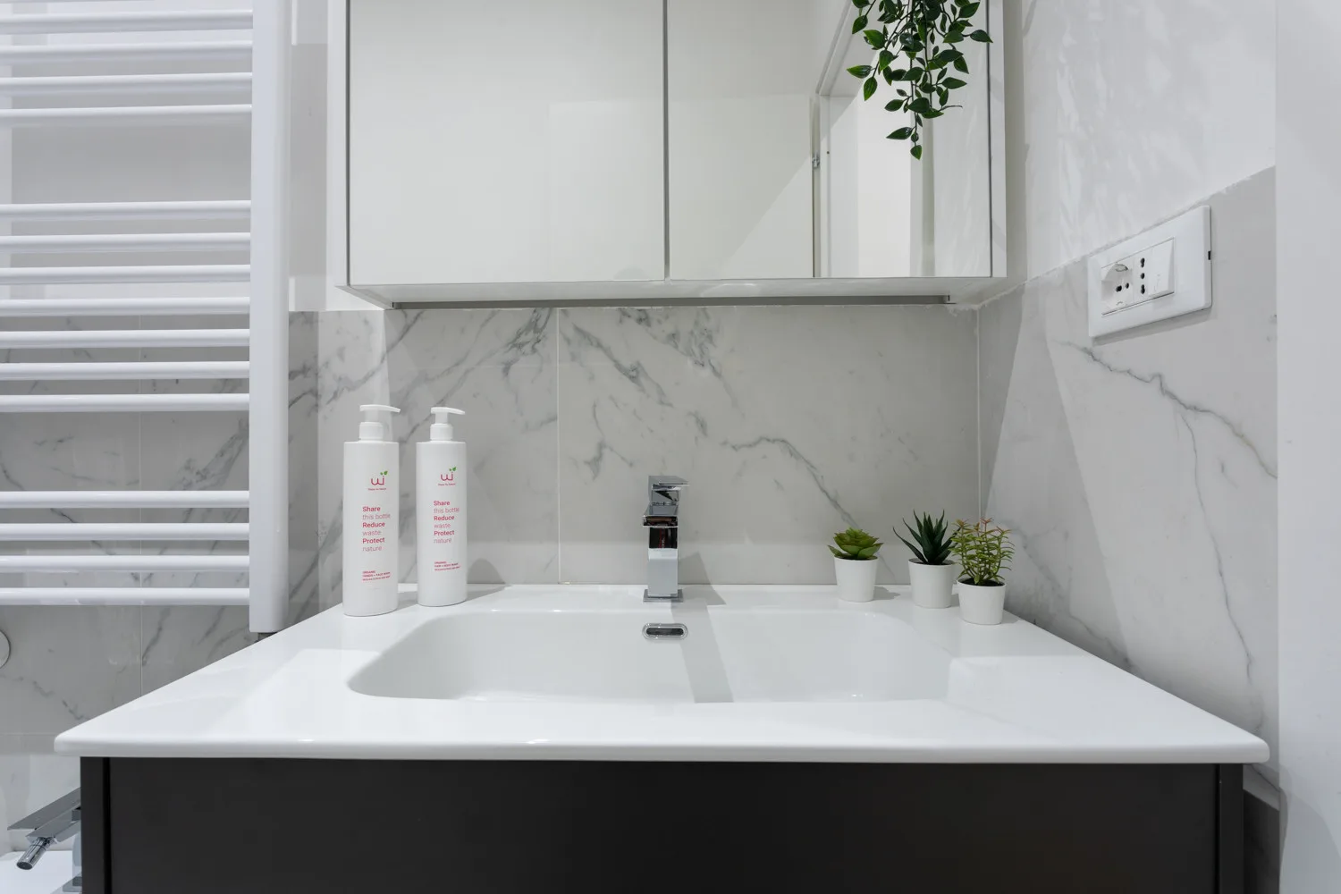 Un tocador de baño moderno con un lavabo amplio, espejo de pared y pequeñas plantas en macetas.