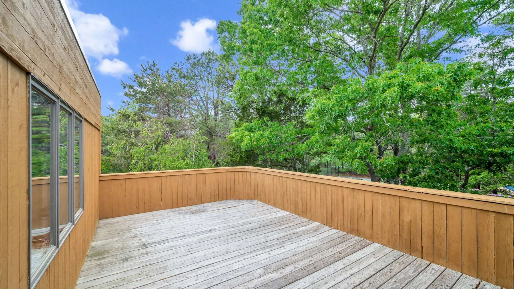 Una terraza de madera con barandilla da a árboles frondosos bajo un cielo azul.