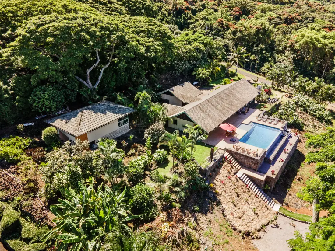 Vista aérea de una casa y una piscina rodeadas de abundante vegetación.