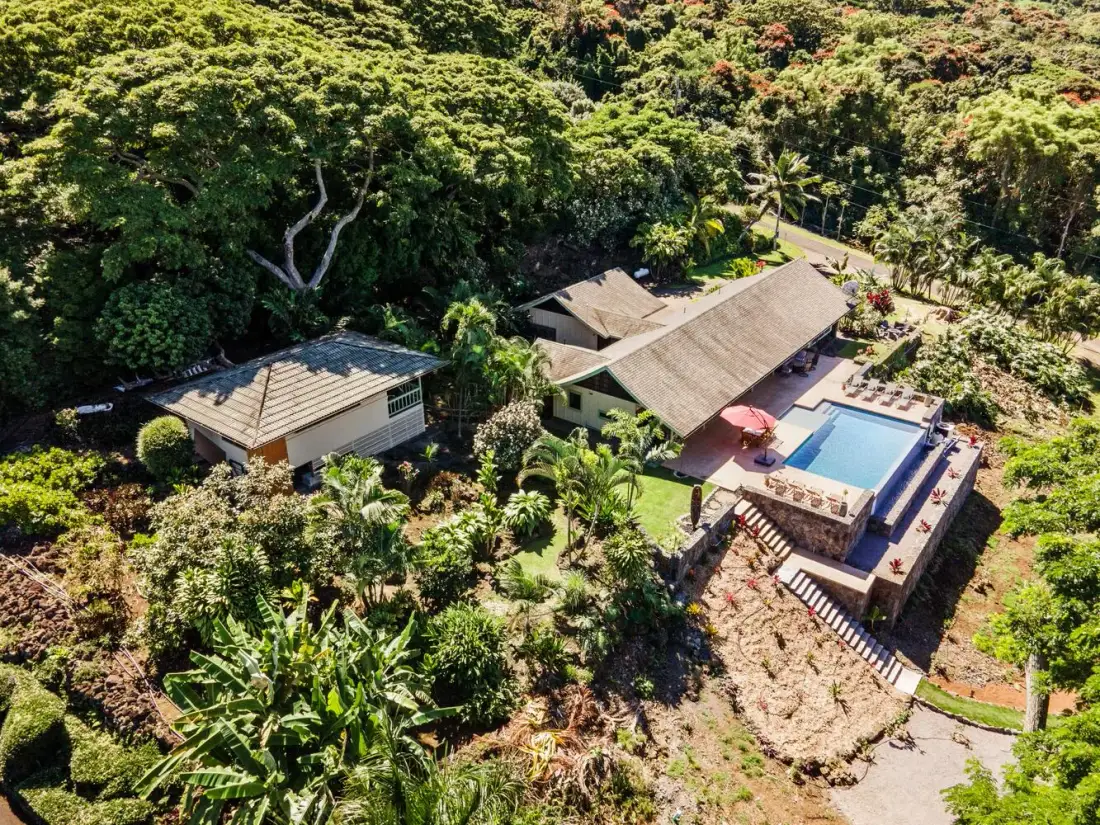 Vista aérea de una propiedad tropical con piscina, rodeada de abundante vegetación.